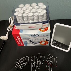 Vintage 2001 Sunbeam Sure Setter 20 Hair Curlers Hot Rollers Clips Bonus mirror